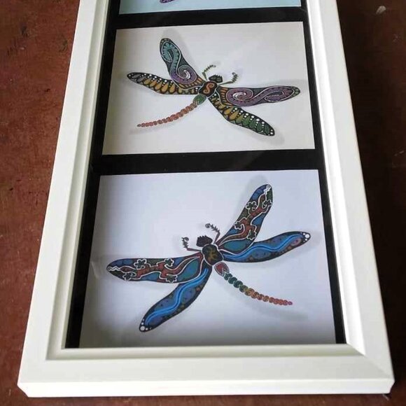 Three Dragonflies Art prints with Subliminal Wing Designs framed in a White Wood - Picture 7 of 12